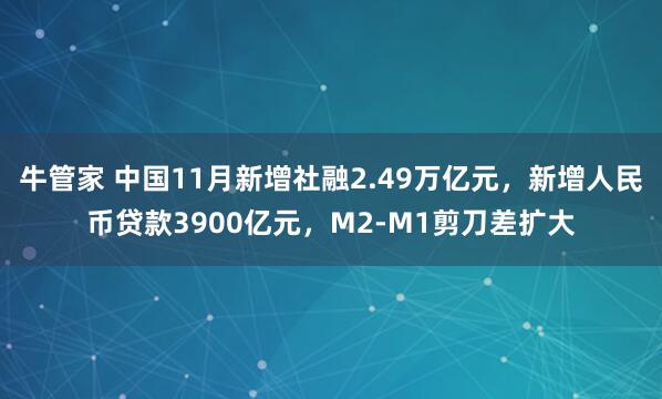 牛管家 中国11月新增社融2.49万亿元，新增人民币贷款3900亿元，M2-M1剪刀差扩大